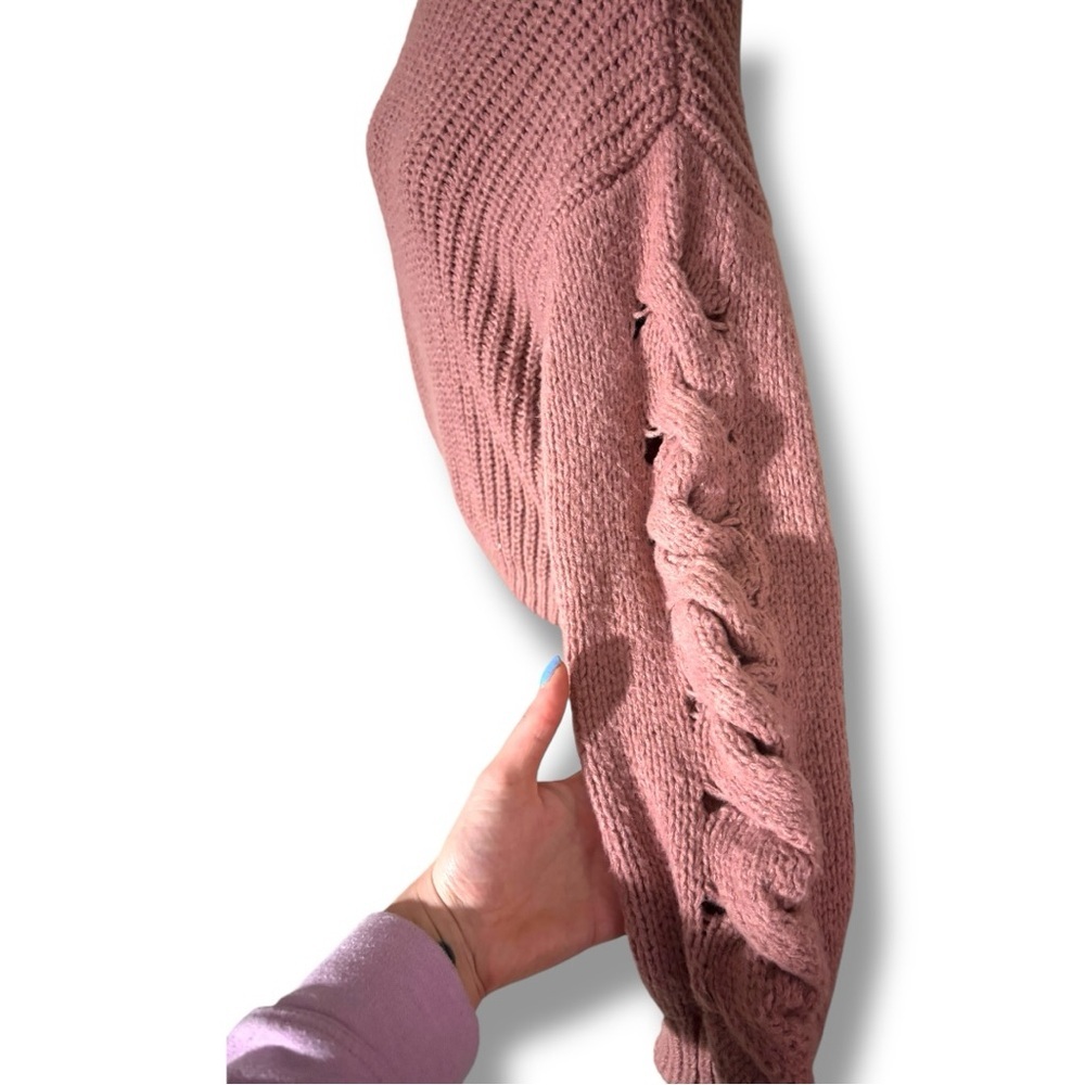 Vigoss Cozy Dusty Rose Rollover Knit Braided Sleeve Detail Turtleneck Sweater - Picture 7 of 16